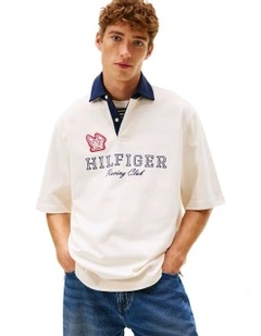 Relaxed Logo Embroidery Rugby Polo Shirt in Beige