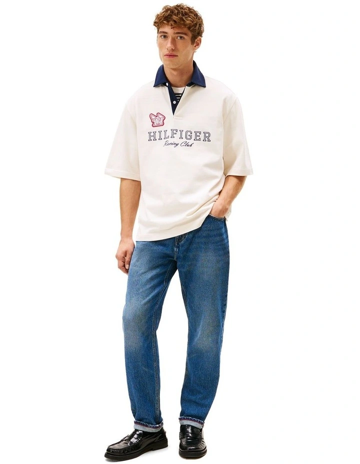 Relaxed Logo Embroidery Rugby Polo Shirt in Beige image 4