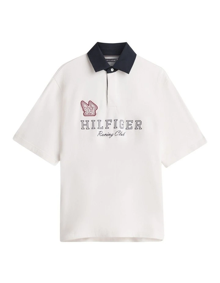 Relaxed Logo Embroidery Rugby Polo Shirt in Beige image 7