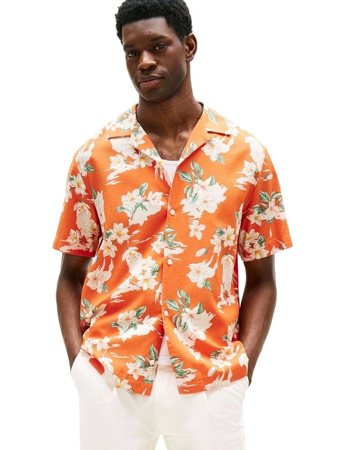 Lightweight Regular Fit Floral Short Sleeve Shirt in Orange image 1