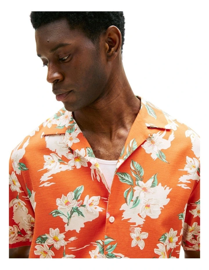 Lightweight Regular Fit Floral Short Sleeve Shirt in Orange image 3