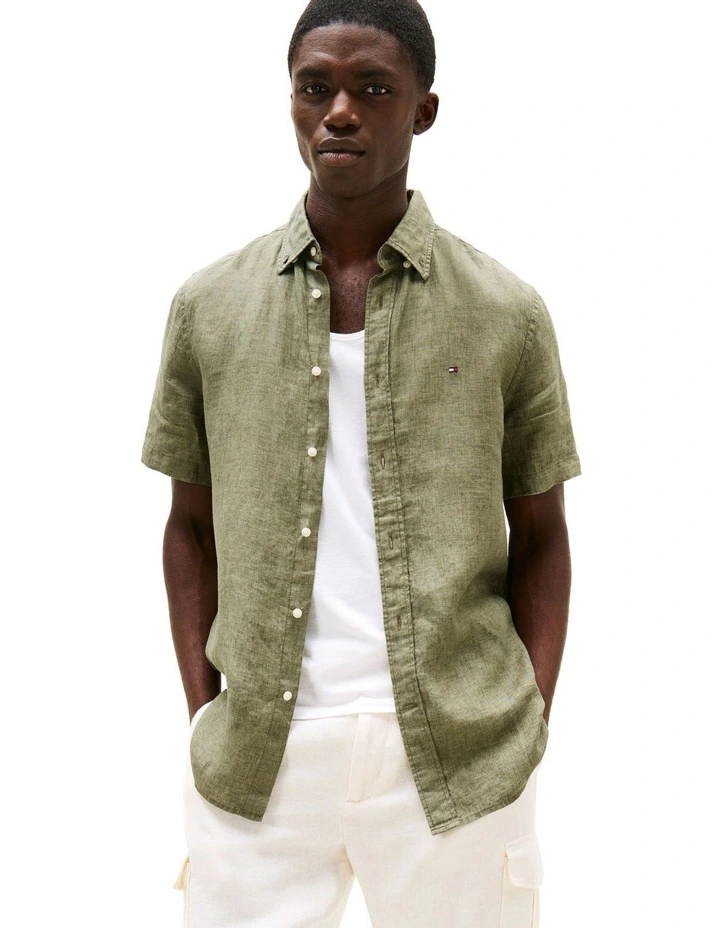 Washed Pure Linen Shirt in Green image 1