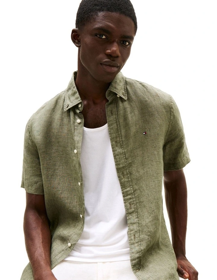 Washed Pure Linen Shirt in Green image 3