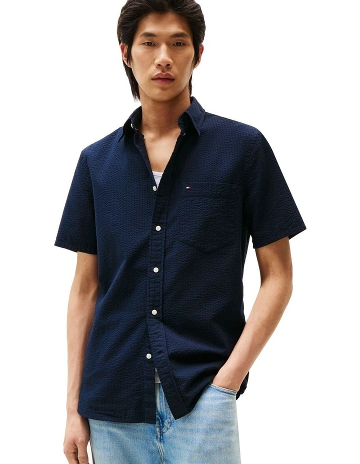 Regular Fit Seersucker Short Sleeve Shirt in Blue image 1