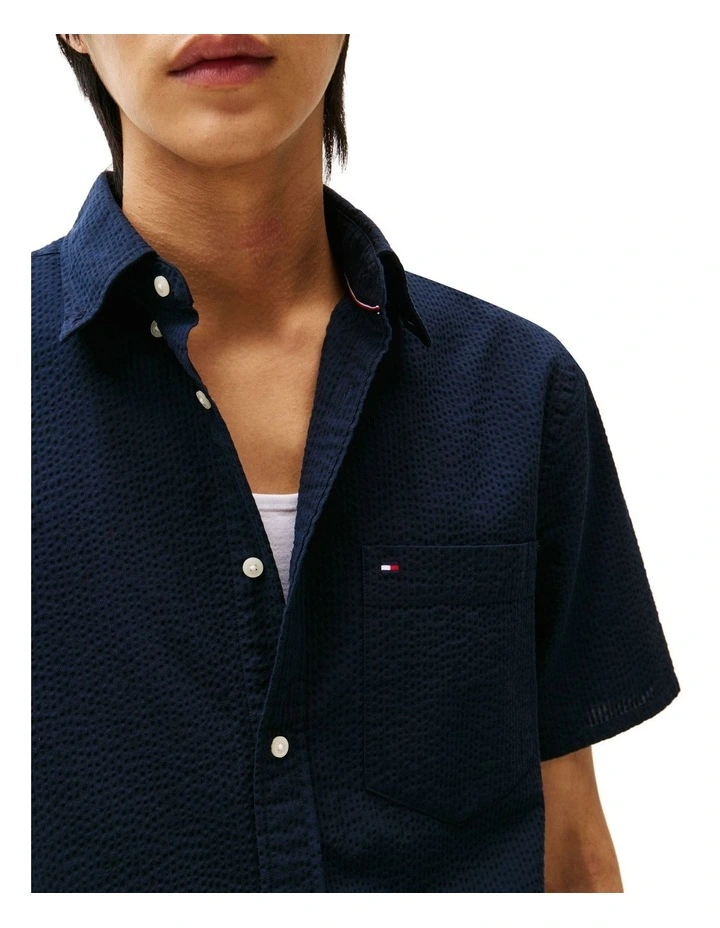 Regular Fit Seersucker Short Sleeve Shirt in Blue image 3