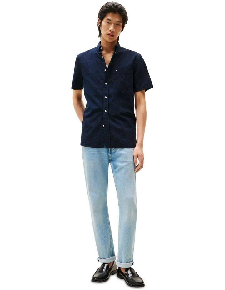 Regular Fit Seersucker Short Sleeve Shirt in Blue image 4