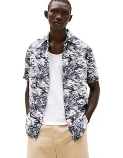 Tropical Print Pure Linen Shirt in Blue