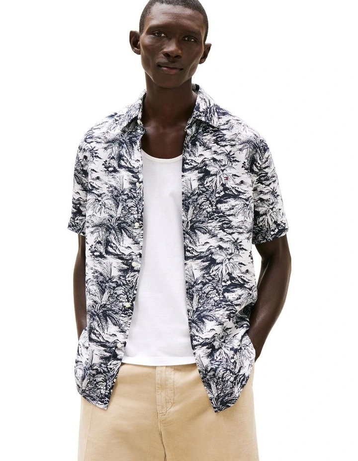 Tropical Print Pure Linen Shirt in Blue image 1