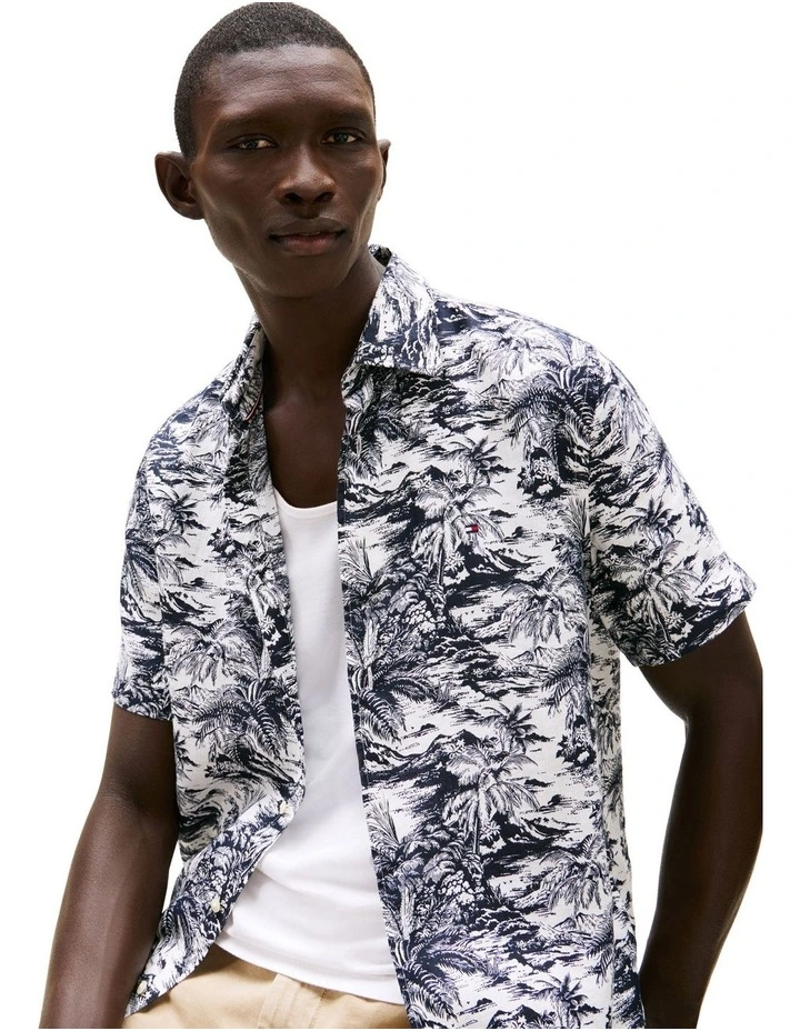 Tropical Print Pure Linen Shirt in Blue image 3