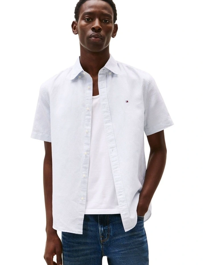 Stripe Linen Blend Short Sleeve Shirt in Blue image 1
