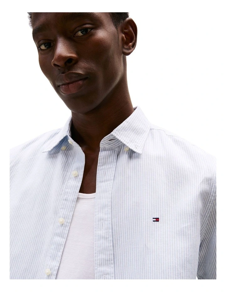 Stripe Linen Blend Short Sleeve Shirt in Blue image 3