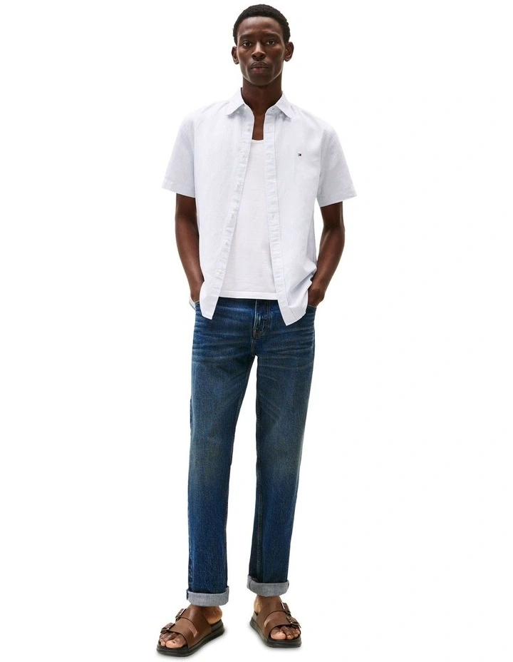 Stripe Linen Blend Short Sleeve Shirt in Blue image 4
