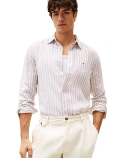 Regular Fit Stripe Linen Shirt in Beige