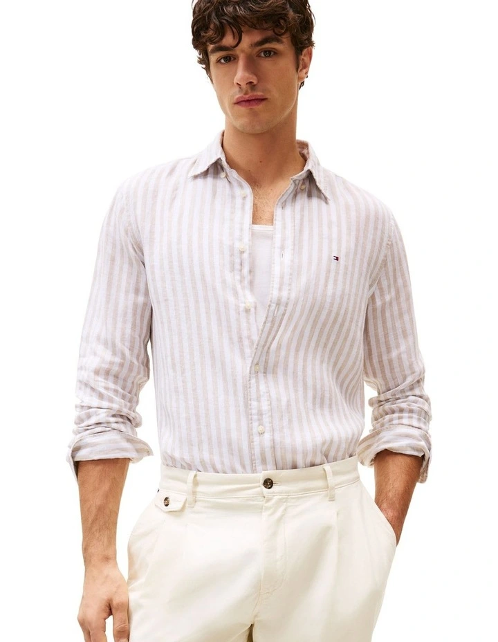 Regular Fit Stripe Linen Shirt in Beige image 1