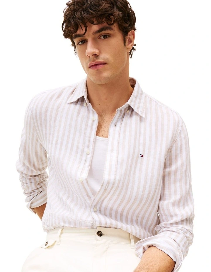 Regular Fit Stripe Linen Shirt in Beige image 3