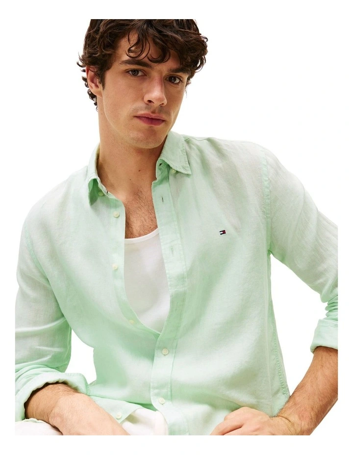 Regular Fit Pure Linen Shirt in Green image 3