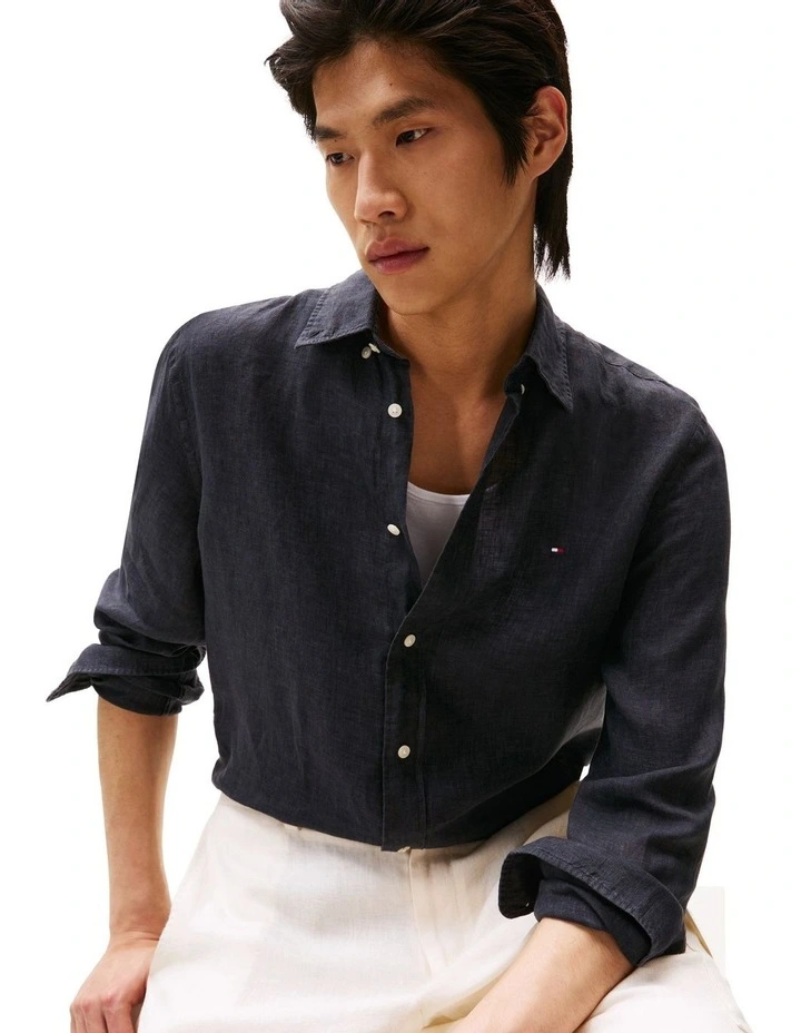 Regular Fit Pure Linen Shirt in Black image 4