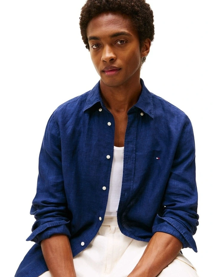 Regular Fit Pure Linen Shirt in Blue image 4