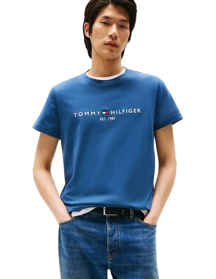 Logo Embroidery Slim T-shirt in Blue image 1