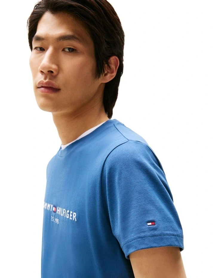 Logo Embroidery Slim T-shirt in Blue image 3