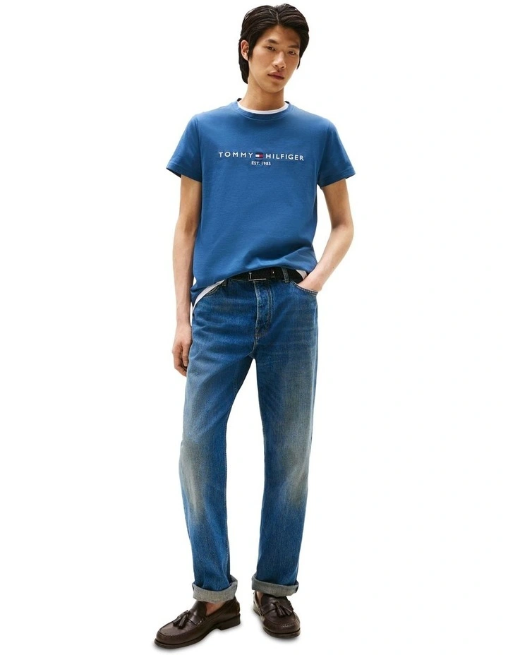 Logo Embroidery Slim T-shirt in Blue image 4