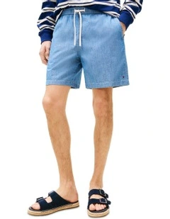 Mercer Chambray Flag Embroidery Shorts in Blue