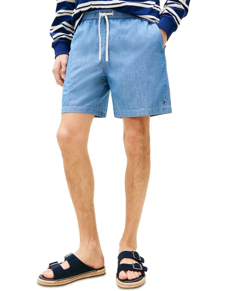 Mercer Chambray Flag Embroidery Shorts in Blue image 1