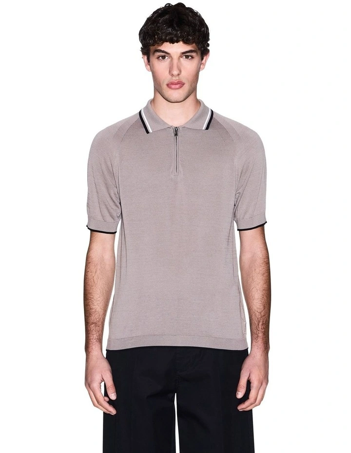 One Block Up Knitted Polo Shirt in Driftwood image 1