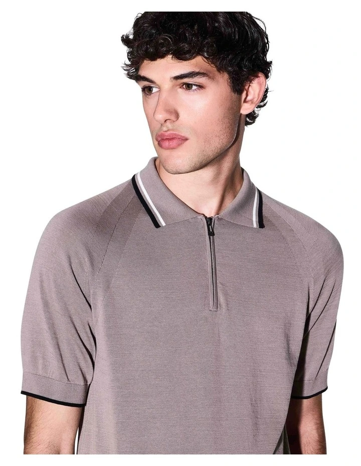 One Block Up Knitted Polo Shirt in Driftwood image 3