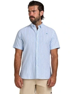 Bournmouth Stripe Linen Look Short Sleeve Shirt in Sky Blue