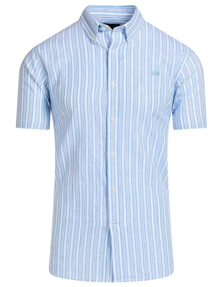 Bournmouth Stripe Linen Look Short Sleeve Shirt in Sky Blue image 3