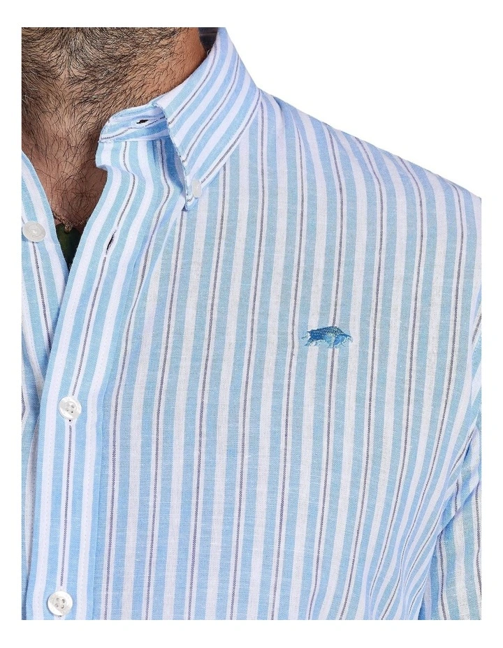 Bournmouth Stripe Linen Look Short Sleeve Shirt in Sky Blue image 4