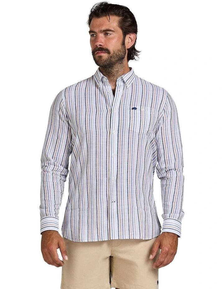 Regency Stripe Linen Look Long Sleeve Shirt in White image 1