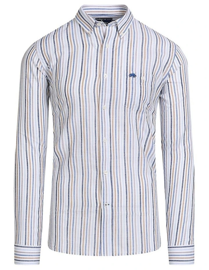 Regency Stripe Linen Look Long Sleeve Shirt in White image 3