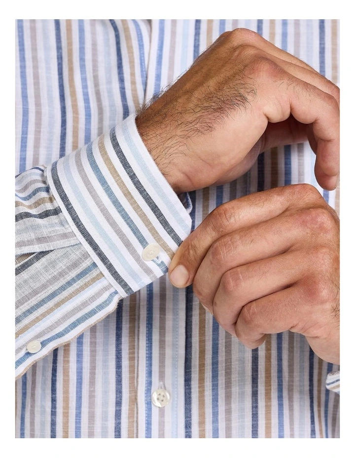 Regency Stripe Linen Look Long Sleeve Shirt in White image 5
