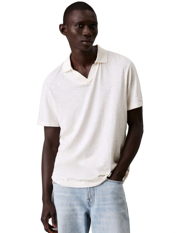 Linen Cotton Cuban Collar Polo Shirt in Tofu image 1