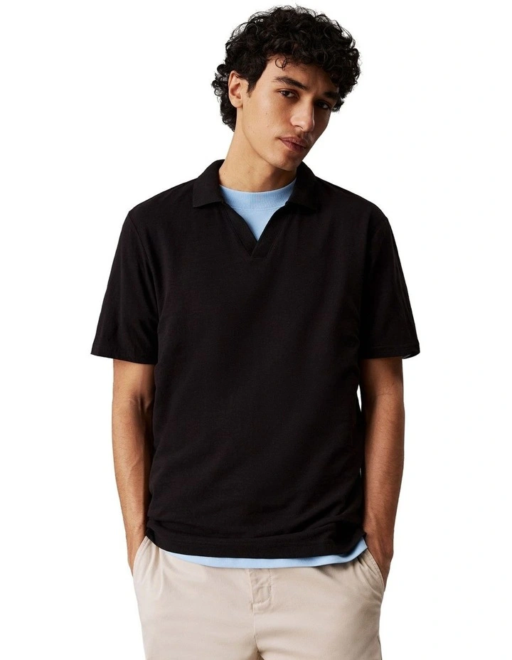 Linen Cotton Cuban Collar Polo Shirt in Black image 1