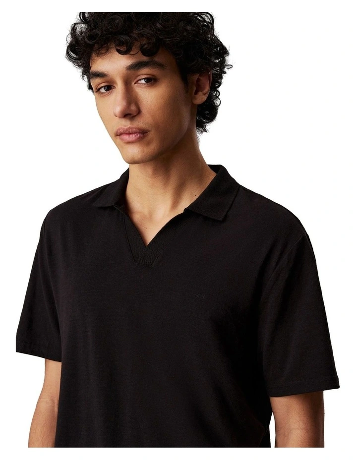 Linen Cotton Cuban Collar Polo Shirt in Black image 3