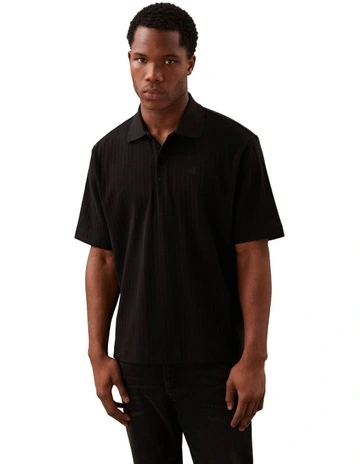 Variegated Rib Relaxed Polo Shirt in Black