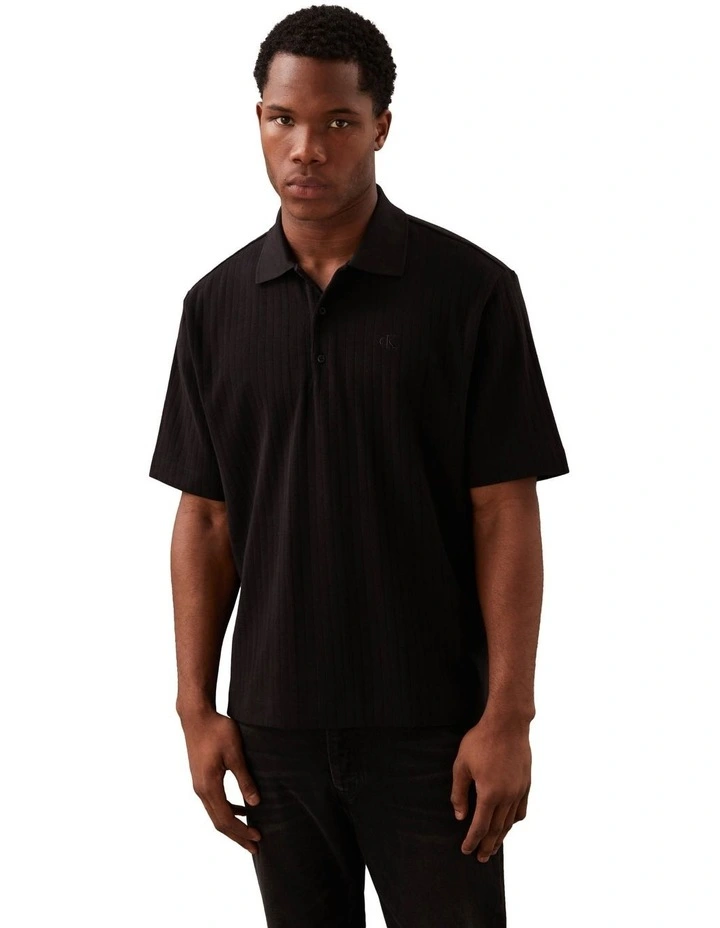 Variegated Rib Relaxed Polo Shirt in Black image 1