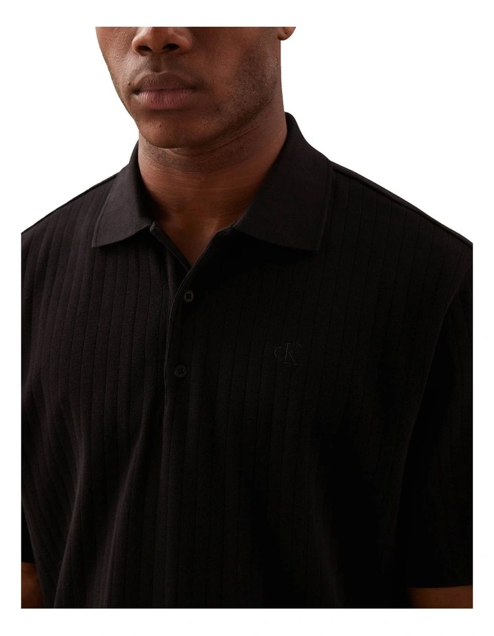 Variegated Rib Relaxed Polo Shirt in Black image 3