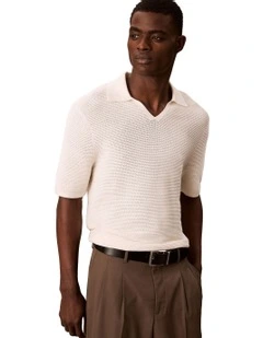 Snowy Tech Knit Johnny Collar Polo in Tofu