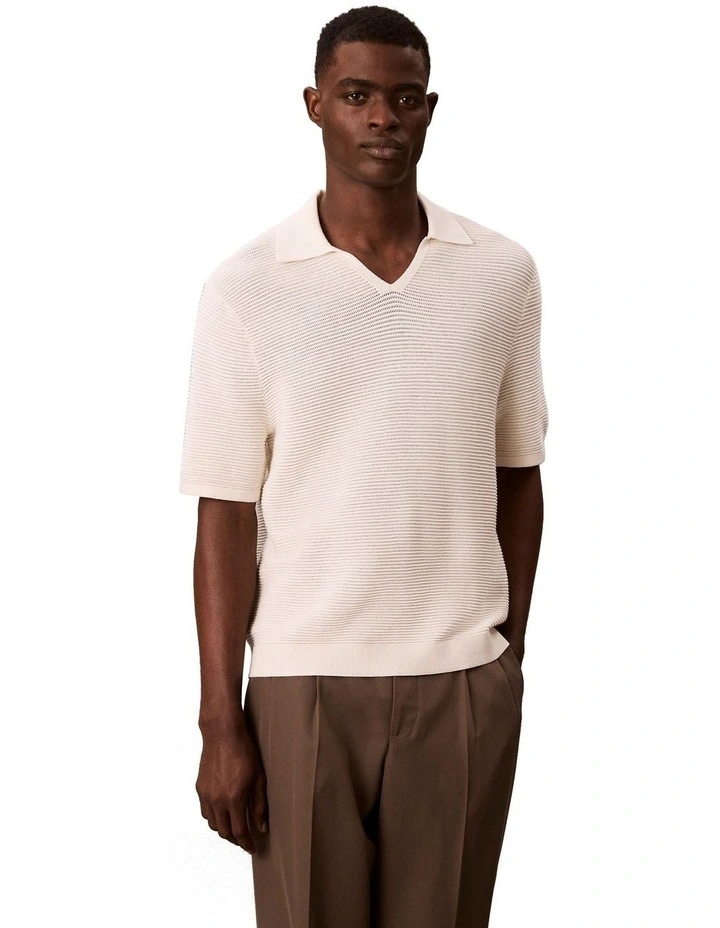 Snowy Tech Knit Johnny Collar Polo in Tofu image 3