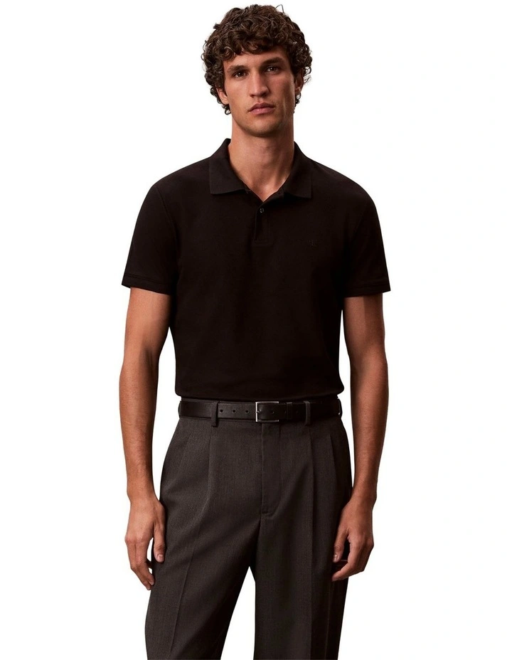 Short Sleeve Slim Refined Pique Polo Shirt in Black image 1