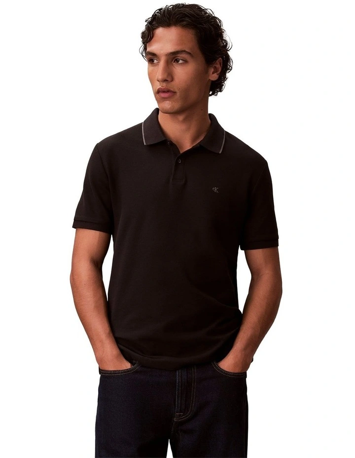 Refined Pique Tipped Polo Shirt in Black image 1