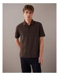 Textured Stripe Relaxed Polo Shirt in Dark Coffee