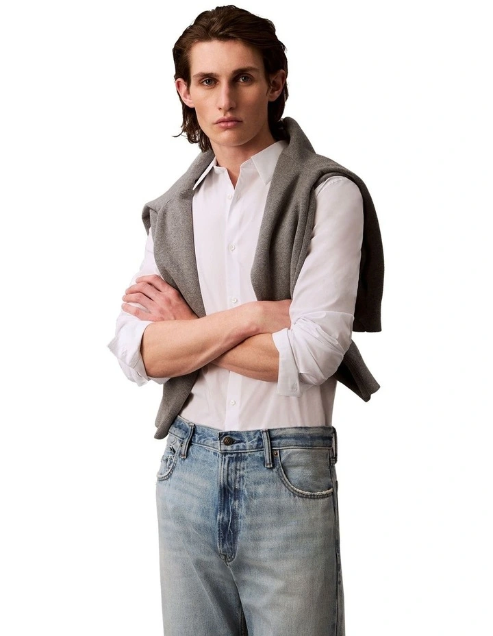 Solid Strech Slim Long Sleeve Shirt Brilliant in White image 1