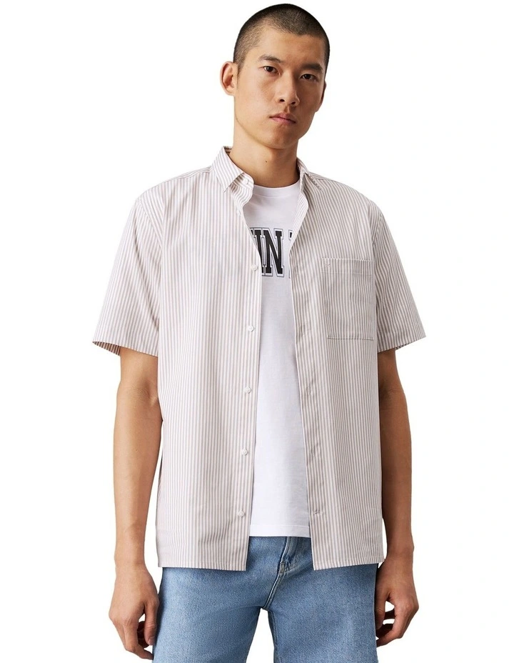 Poplin Stripe Short Sleeve Shirt in White image 1