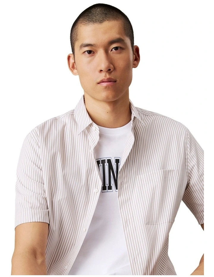 Poplin Stripe Short Sleeve Shirt in White image 3