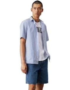 Poplin Stripe Short Sleeve Shirt in Blue